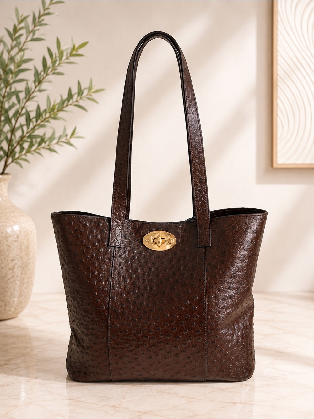 Ashwood Brown Ostrich Embossed Genuine Leather Tote Shoulder Bag Gold Turnlock